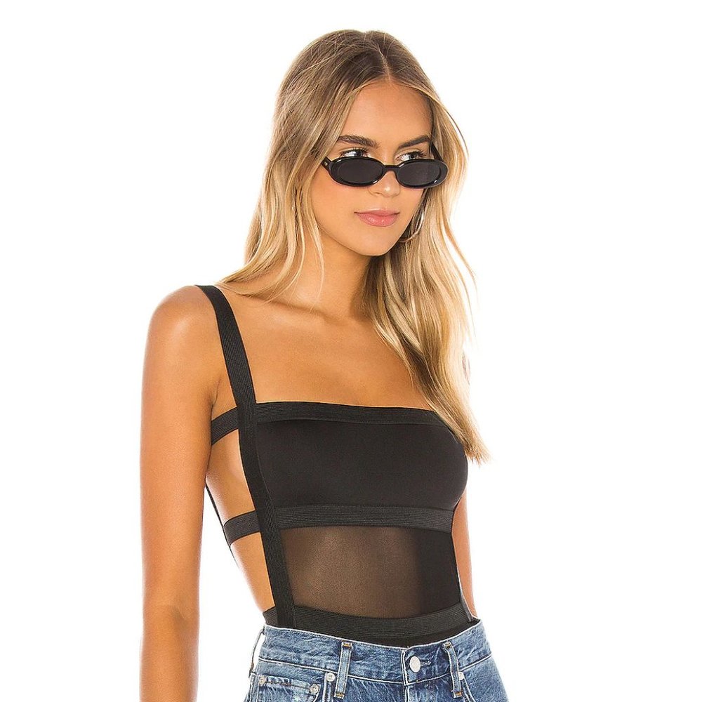 NEW Superdown Camille Strappy Back Bodysuit Black Mesh 0249